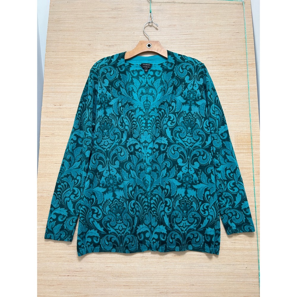 Talbots Womens Pure Merino Wool Teal Damask Open Front Cardigan Sweater Large